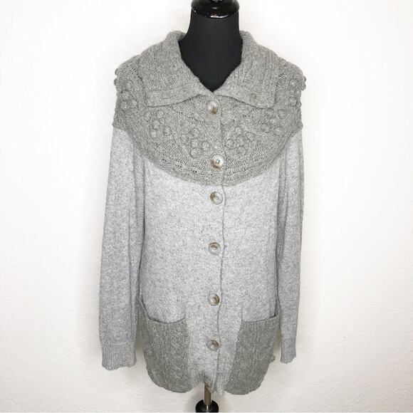 Anthropologie Sleeping on Snow gray crochet pom pom button wool sweater Large - Picture 1 of 16